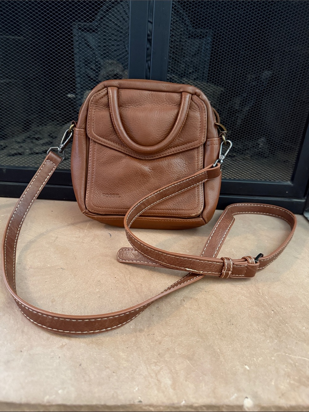 VTG Fossil Brown Mini Compact Leather Bowling Bag Clutch Crossbody Handbag